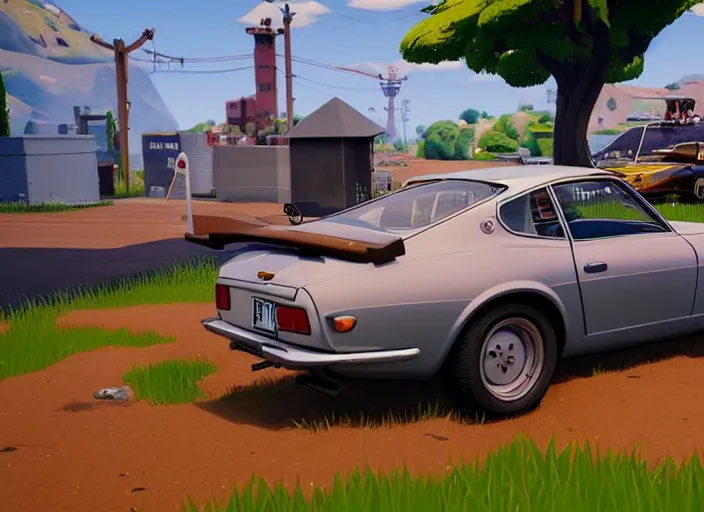 Image similar to a cartoon 1 9 7 0 datsun 2 4 0 z in fortnite, unreal engine