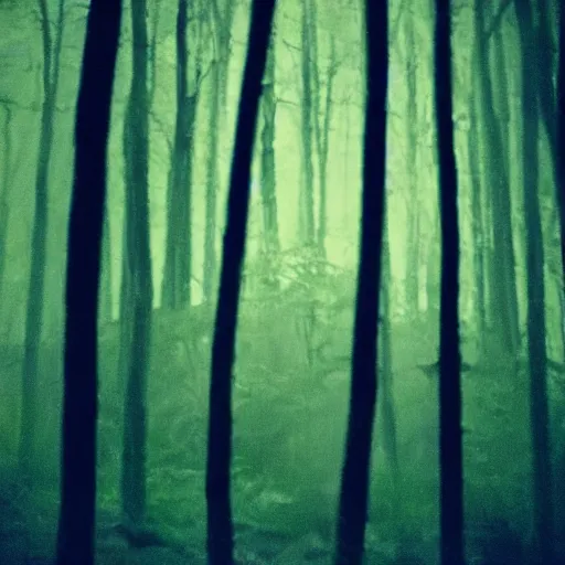 Image similar to grainy surveillance photo still of an alien in the woods at night hiding in the trees of a forest