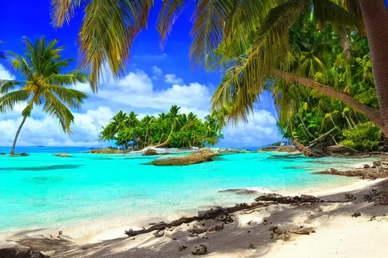 Prompt: beautiful tropical island, clear blue water, muted colors