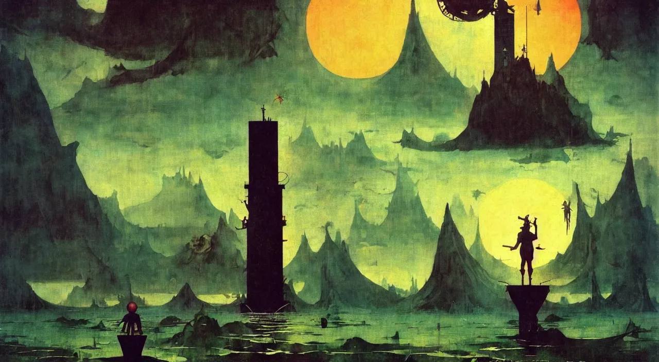 Image similar to single flooded simple!! frazetta tower anatomy, very coherent and colorful high contrast masterpiece by norman rockwell franz sedlacek hieronymus bosch dean ellis simon stalenhag rene magritte gediminas pranckevicius, dark shadows, sunny day, hard lighting