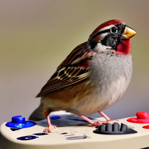 Prompt: a sparrow playing with a playstation 5