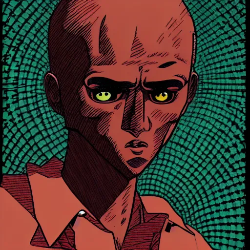 Image similar to a dark brown humanoid, hyper detailed, in the style of katsuhiro otomo and and katsuhiro otomo and katsuhiro otomo, selfie