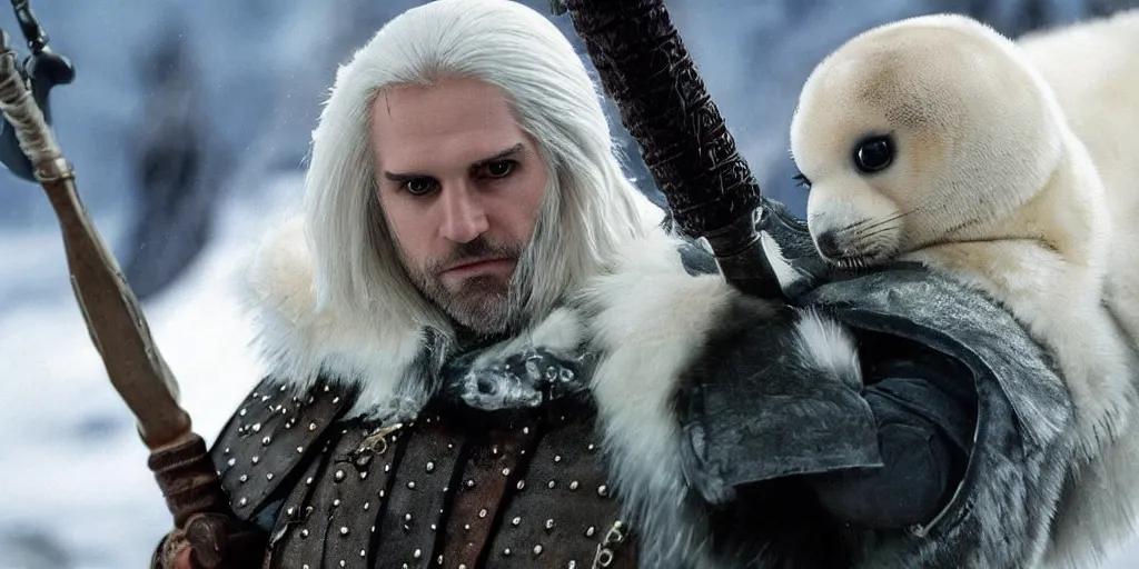 Image similar to a baby harp seal dressed in a witcher costume, dressed as geralt from the witcher, medieval, fantasy, film still