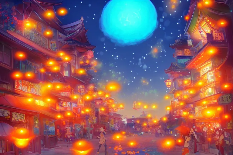 Prompt: fantasy art of glowing goldfish swimming in the air, in the streets of a japanese town at night, with people watching in wonder, in the style of ponyo, highly detailed digital art, trending on artstation