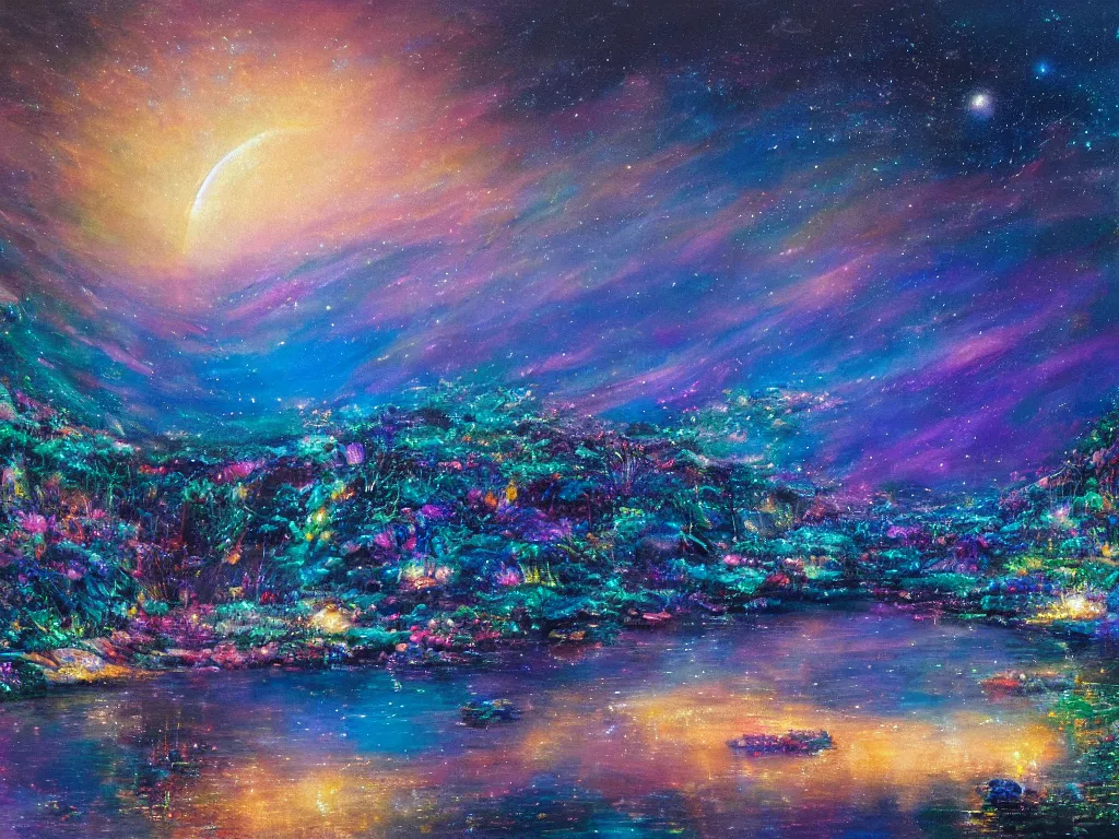 Prompt: a beautiful vibrant and magical moonlit blue landscape full of ethereal sparkling glowing blue lights with a beautiful cosmic sky full of galaxies and a glistening glittery ocean full of neon plant life under the surface of the water, soft lighting, ultra high detail, oil on canvas, HD, by Gilbert Williams