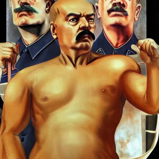 Image similar to lgbt art, tom of finland style, vladimir lenin, with stalin, in billy herrington body, art in 4 k, high quality