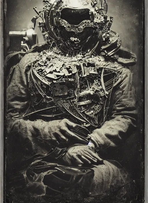 Image similar to old wetplate daguerreotype portrait of the birth of a super masked villain cyborg, explosion of data fragments, fractal, intricate, elegant, highly detailed, parallax, leica, medium format, subsurface scattering, by jheronimus bosch and greg rutkowski and louis jacques mande daguerre