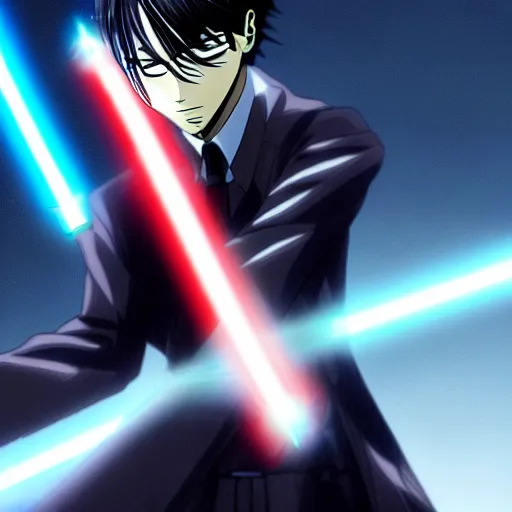 Prompt: Levi Ackerman in a fight using lightsabers, 4k wallpaper, handsome face, HD anime, realistic anime, rain aesthetic