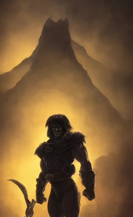 Prompt: Full body centered uncut character pose of mysterious-eerie-ominous He-Man with a dark manner, dark grey shadowy smokey background, golden hour, atmospheric, cinematic, Epic, ultra-detailed, sharp focus, illustration, artwork by Jordan Grimmer and Greg Rutkowski