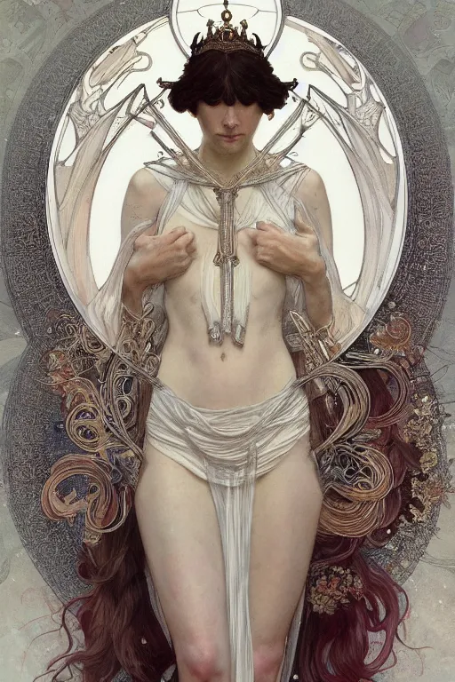 Prompt: a full body portrait of a beautiful ethereal delicate mage queen meditative sacral pose catholic stages of the cross, intricate, elegant, highly detailed, digital painting, artstation, concept art, smooth, sharp focus, illustration, art by krenz cushart and artem demura and alphonse mucha