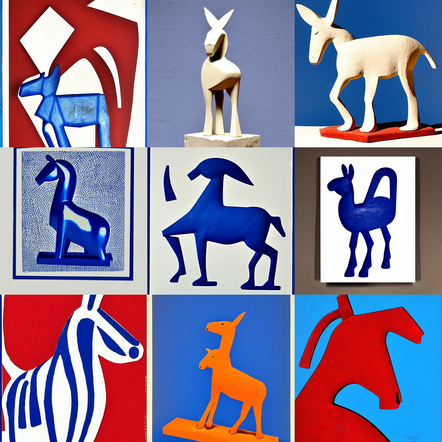 Prompt: standing donkey!!! cycladic sculpture, lithograph with white background, iconic, stylized, ultramarine blue and red iron oxide