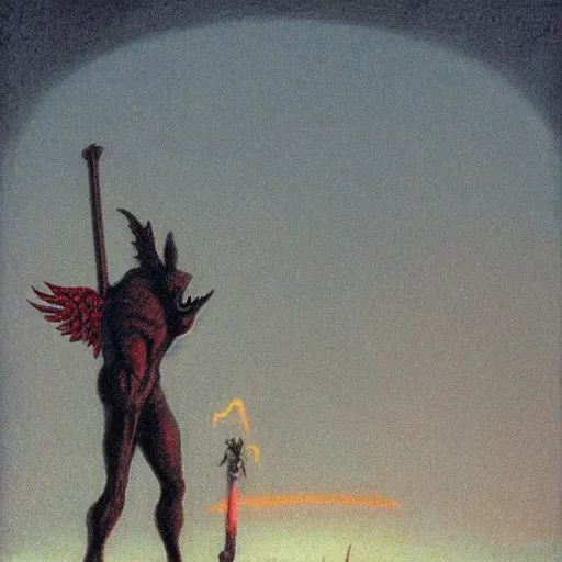 Image similar to Experimental art. a large, muscular demon-like creature with wings, standing in a dark, hellish landscape. The creature has red eyes and sharp teeth, and is holding a large sword in one hand. carmine by Quint Buchholz tender