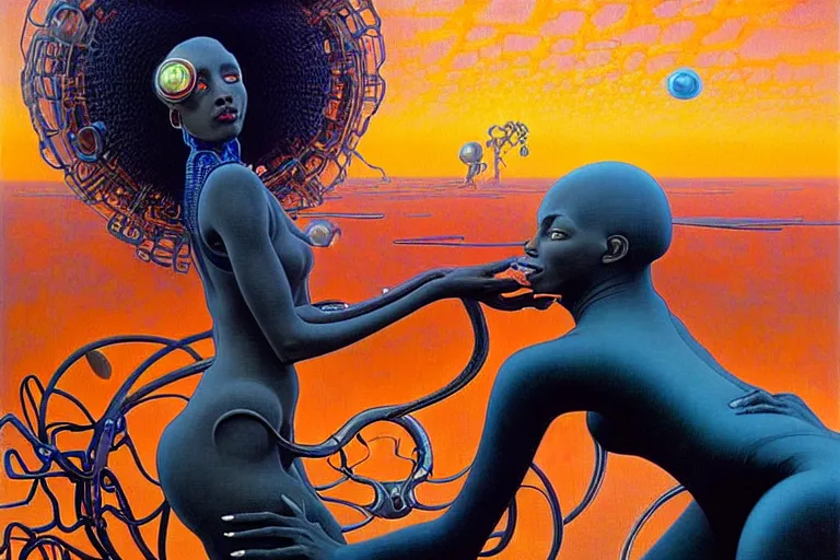 Image similar to realistic extremely detailed portrait painting of a beautiful black woman with a robot, futuristic sci-fi landscape on background by Jean Delville, Amano, Yves Tanguy, Mark Brooks, Alphonse Mucha, Ernst Haeckel, Edward Robert Hughes, Roger Dean, rich moody colours, blue eyes