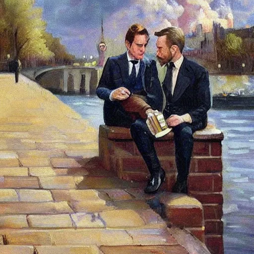 Prompt: mcgregor is dressed as a gentleman at early 2 0 th century paris. he is watching an easel. that easel has a canvas on it. ewan mcgregor has a brush on his hand. he is painting a painting. there is a brown cat with yellow eyes on ewan mcgregors feet. on background has river seine, morning sun, dark clouds, lightning, by jack kirby