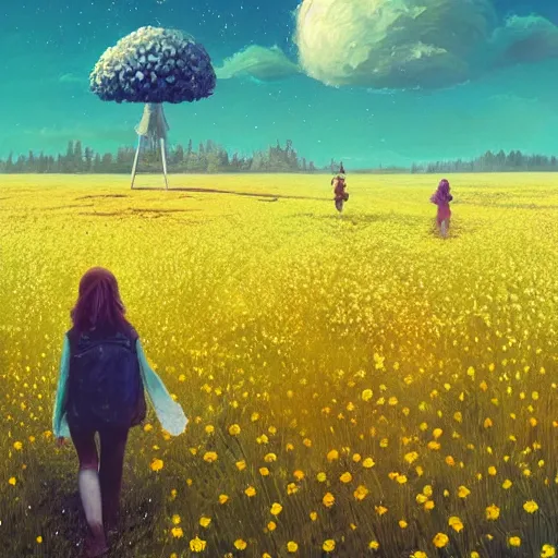 Image similar to giant daisy flower as a head, girl walking in flower field, surreal photography, night moon light, dramatic, impressionist painting, clouds, digital painting, artstation, simon stalenhag