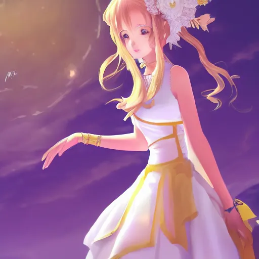 Image similar to royal anime girl wearing white and golden dress , digital painting , artstation , devian art , 4k , HD , digital art