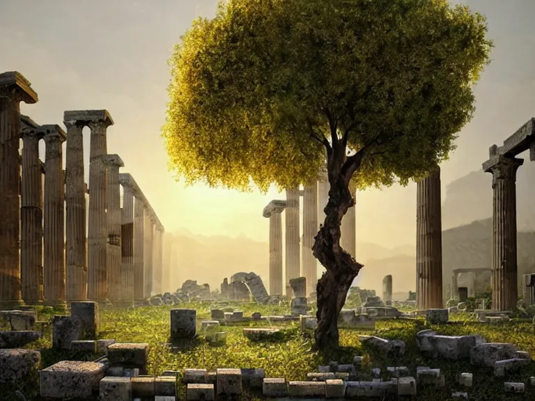 tree growing in ancient greek ruins, gray wasteland, | Stable Diffusion ...