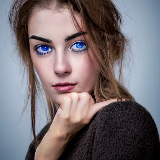 Prompt: Her eyebrows were a shade darker than her hair. They were thick and almost horizontal, emphasizing the depth of her eyes. Her face was captivating by reason of a certain frankness of expression and a contradictory subtle play of features. Her manner was engaging. Blue eyes, full body shot, 8k,