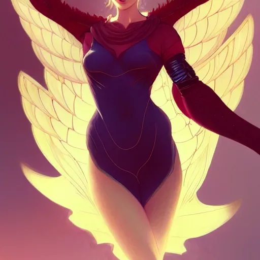 Image similar to 3 / 4 view of a portrait of woman with bird wings, confident pose, pixie, genshin impact,, intricate, elegant, sharp focus, illustration, highly detailed, concept art, matte, trending on artstation, anime, bright colors, art by wlop and artgerm and greg rutkowski, marvel comics h 6 4 0