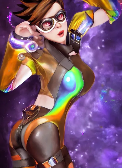 Image similar to portrait digital artwork of tracer overwatch, wearing iridescent rainbow latex and leather straps catsuit outfit, in style of mark arian, angel wings, dramatic painting, wearing detailed leather collar, chains, black leather harness, detailed face and eyes,