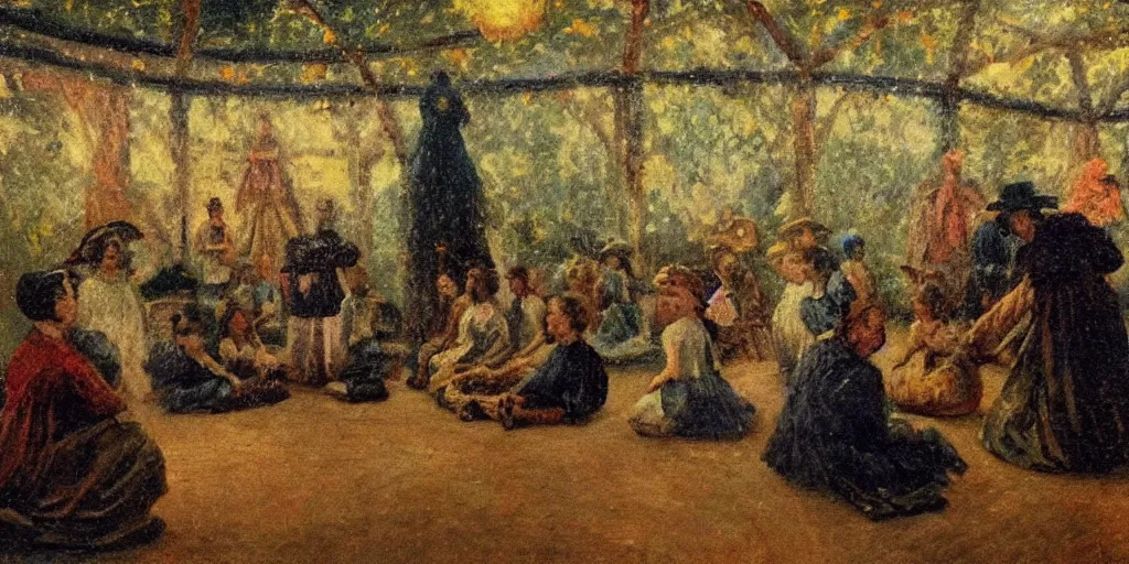 Prompt: aliens sitting in a circle. in the victorian era. in the style of an impressionist painting.