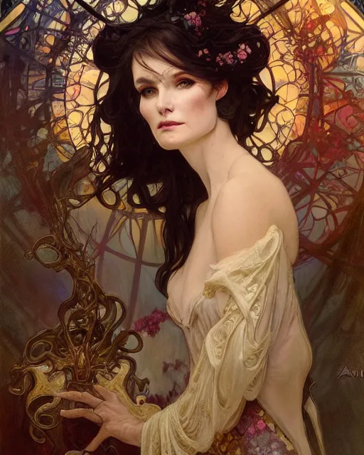 Image similar to wlop and daniel gerhartz and alfons mucha detailed portrait digital rococo painting of a beautiful serious villainess wearing fantasy clothing like liliana vess, villainess has black angel wings, evil mood, hellish battlefield in the background, embers flying, unreal engine, hyper realism, realistic shading, cinematic composition, blender render, octane render, ultrawide shot