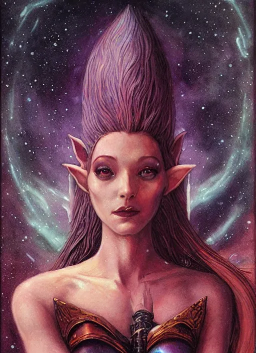 Image similar to portrait of female elf space queen, night sky background, beautiful! coherent! by brom, by brian froud, deep color, strong line, high contrast