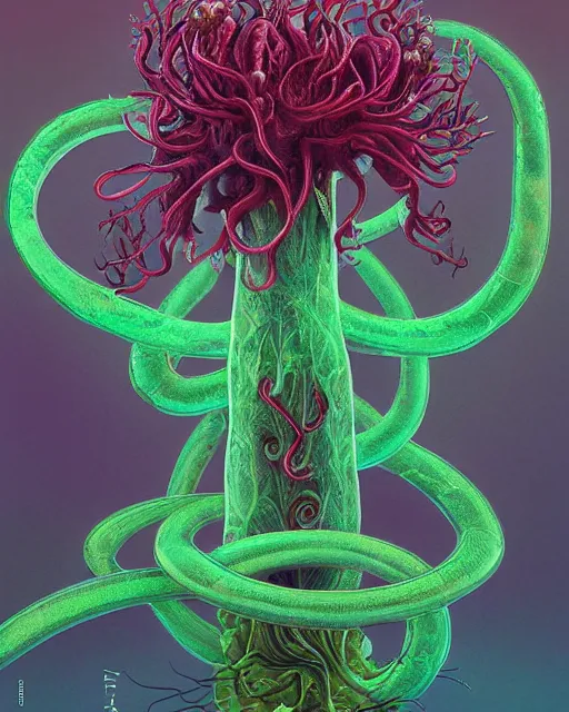 Prompt: scientific botanical illustration of beautiful alien plants with glowing parts, with slimy tentacles, trending on artstation, by james jean and simon stalenhag and zdzisław beksinski, hyper realistic, raytracing, rendering, synthwave color scheme