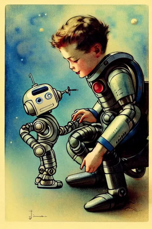 Image similar to ( ( ( ( ( 1 9 5 0 s a boy playing with his robot lost in space robot b 9. muted colors. ) ) ) ) ) by jean - baptiste monge!!!!!!!!!!!!!!!!!!!!!!!!!!!