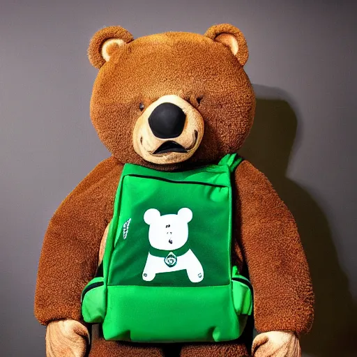 Image similar to big realistic bear standing on two legs, wearing green square backpack at his back, photo realistic, high detail, smooth