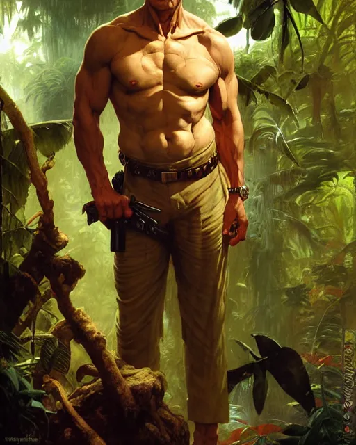 Prompt: doc savage in the jungle, fantasy character portrait, ultra realistic, concept art, intricate details, highly detailed by frank frazetta greg rutkowski, gaston bussiere, craig mullins, simon bisley ruan jia and mandy jurgens and artgerm and william - adolphe bouguereau and frank frazetta