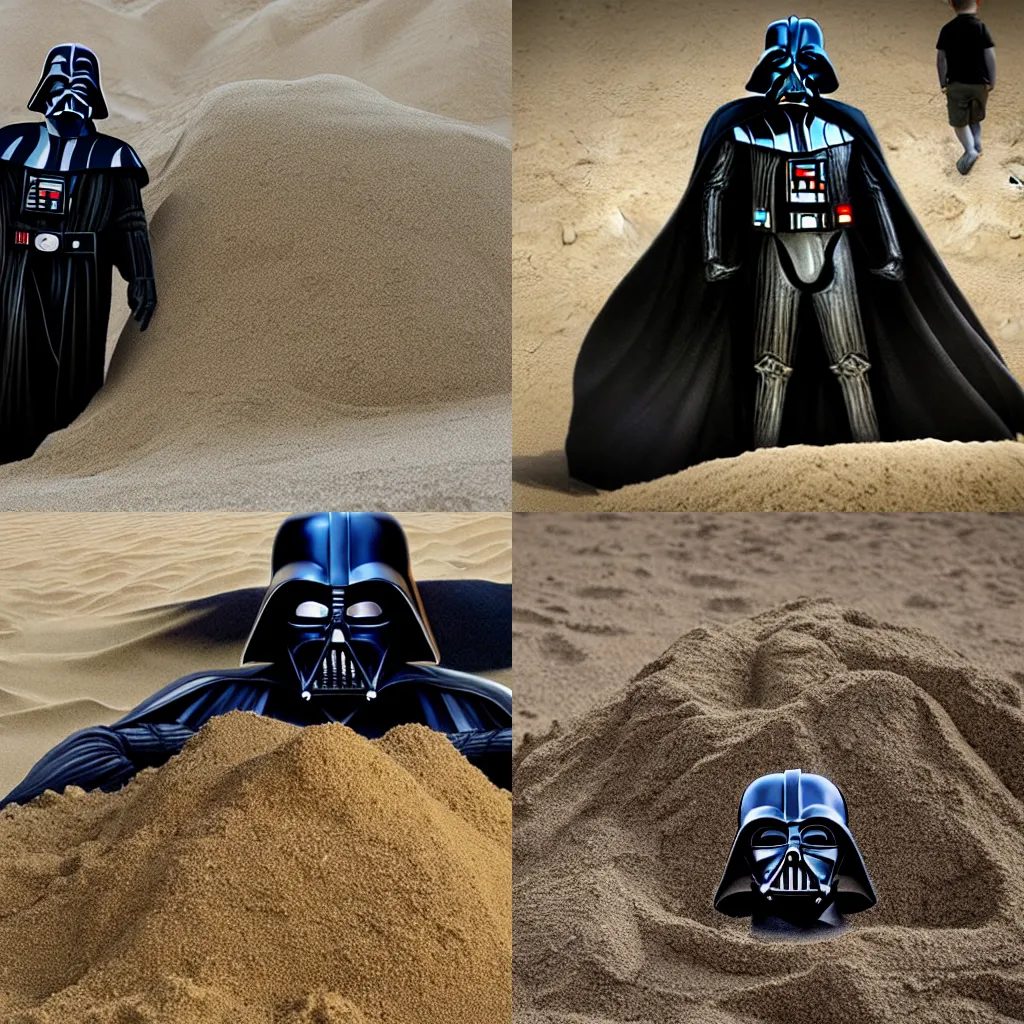 Image similar to darth vader buried in a pile of sand