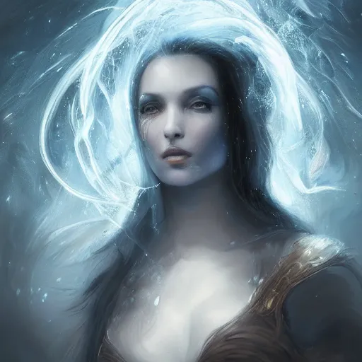 Prompt: masterpiece portrait of an aesthetic realistic mage woman, casting ice spell, 3 0 years old woman, black hair, wearing thin silver diadem with blue gems inlays, oil painting by joachim bergauer and magali villeneuve and wlop, atmospheric effects, chaotic fractal fog and sparks dynamics in the background, intricate, artstation, instagram, fantasy