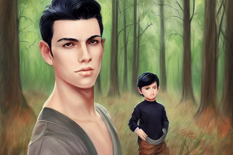 Image similar to a young boy with black hair and green eyes and a highway were standing in a forest by artgerm.