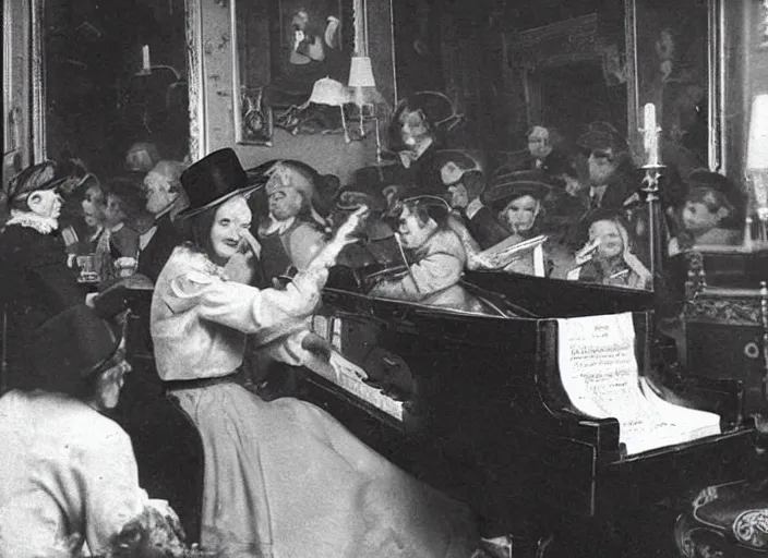 Prompt: a photo of a cat with a small round hat playing piano in a crowded pub, vintage photograph