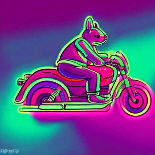 Prompt: totoro riding a motorbike on a synthwave background. Colorful neon artwork