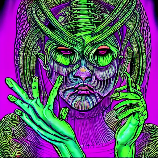 Prompt: a psychedelic godlike humanoid, hyper detailed, in the style of h. r. giger and junji ito and bob ross and lisa frank, selfie