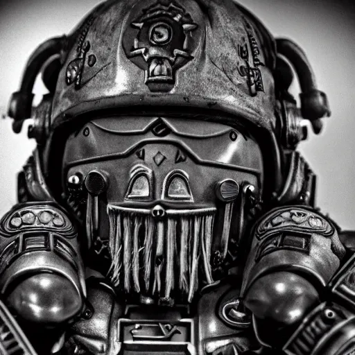 Prompt: symmetrical, close up portrait of warhammer 4 0 k space marine ghandi, covered in sesame street tattoos, studio lighting, depth of field, photography, black and white, highly detailed