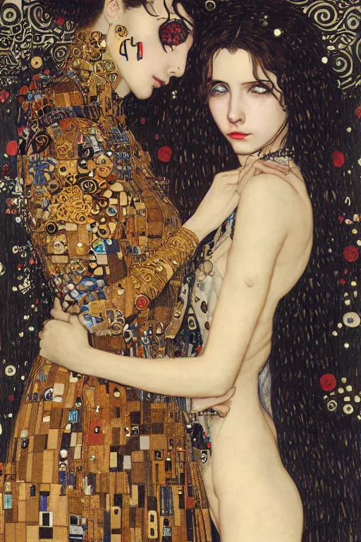 Image similar to portrait of two beautiful young gothic maidens, cyberpunk, Warhammer, kiss, highly detailed, artstation, illustration, art by Gustav Klimt