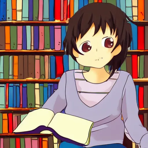 Prompt: a cute adorable phoenix fledgling learning to read in a library |anime