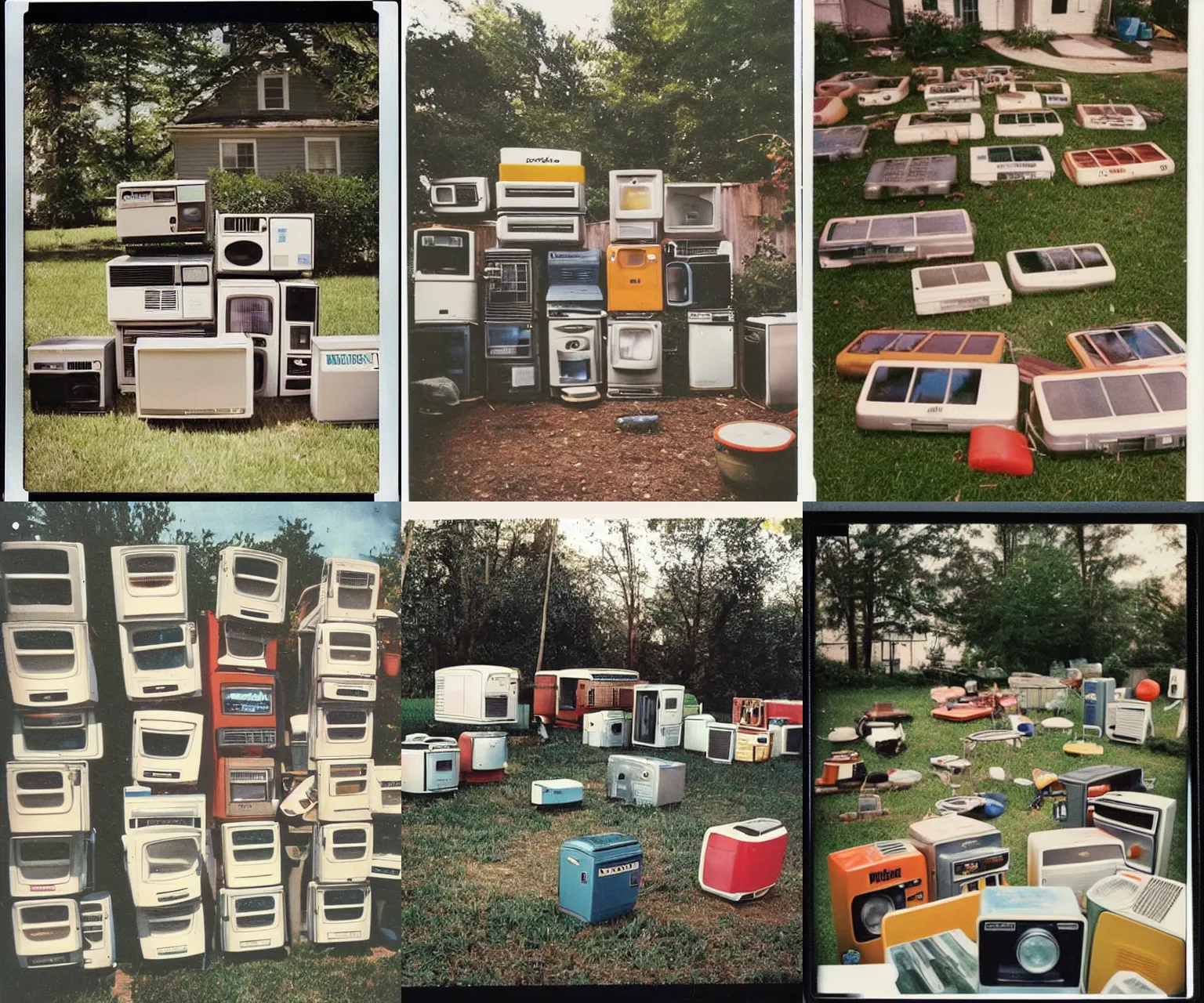 Prompt: 1990s polaroid photo of a backyard filled with 12 refrigerators, nostalgic
