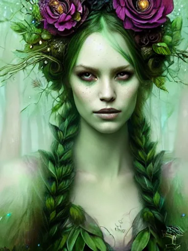 Image similar to green!! forest fae ; by james jean, charlie bowater, tom bagshaw, nikolay makovsky, melanie delon : : enchanting, ethereal, magical, glowing, sparkle, iridescent, flowerpunk, portrait, character design, illustration, hyperrealism, photorealism, digital art, concept art, dark fantasy, weta, wlop, artstation