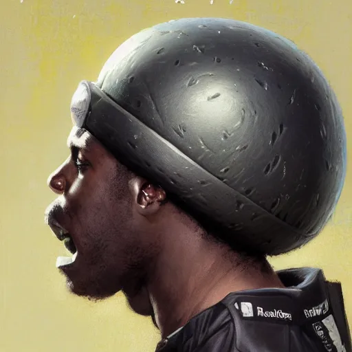 Image similar to side portrait of a goofy looking black guy with a watermelonmelon fruit helmet that covers only the top of his head by greg rutkowski