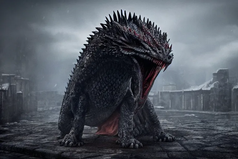 Image similar to photo of sad dragon from game of thrones with the background of the sreets of depressive soviet commieblocks houses, photorealism,