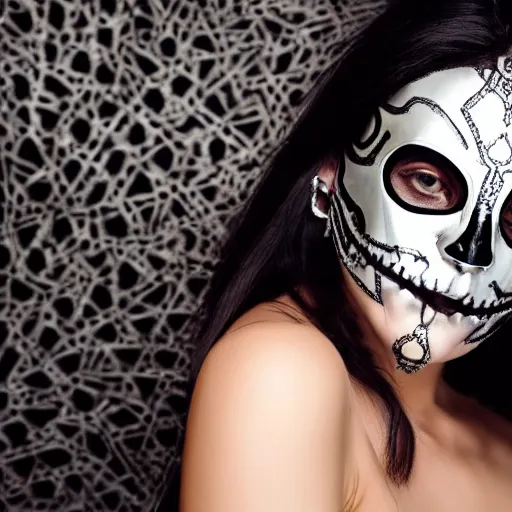 Prompt: A new dark hero for blockbuster movies. A beautiful woman wearing a silver skeletal mask, engraved with ancient detailed patterns. Attractive eyes. A fearless smile. Blurred background. Earrings.