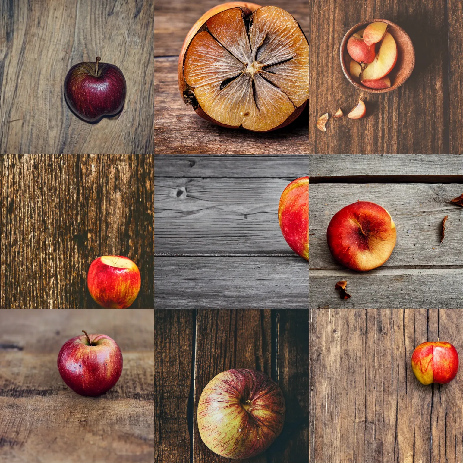 Image similar to A dried apple on a cracked wooden table