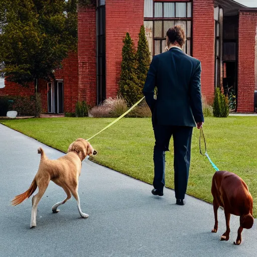 Prompt: photorealistic image of a man in a business suit walking the dog