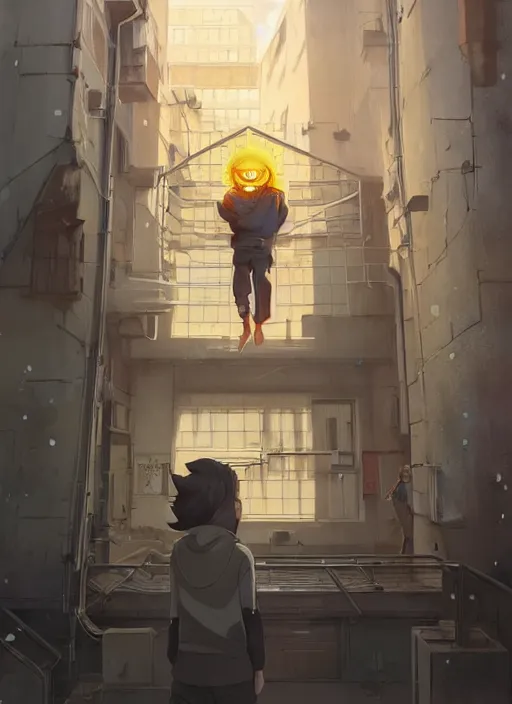 Image similar to highly detailed krillin standing outside building with a window with metal bars and naruto uzumaki with black hair behind them art by greg rutkowski, loish, rhads, ferdinand knab, makoto shinkai and lois van baarle, ilya kuvshinov, rossdraws, tom bagshaw, global illumination, radiant light, detailed and intricate environment