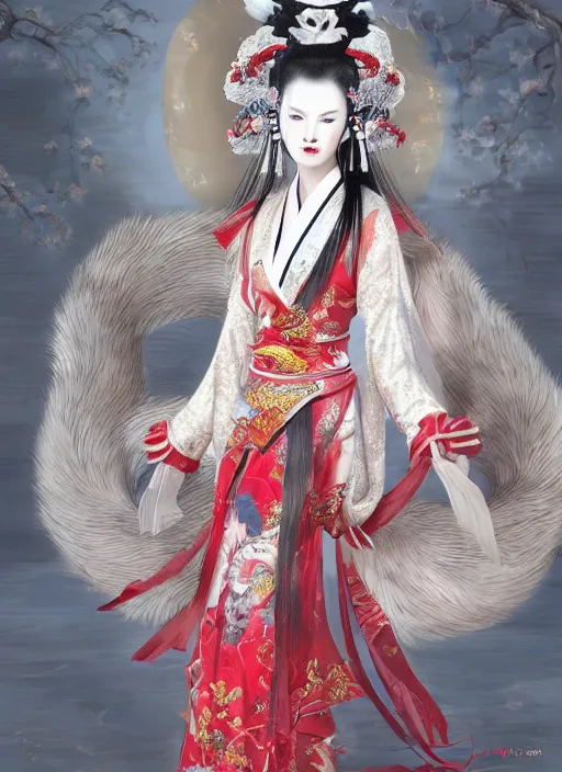 Image similar to full body portrait of a female kitsune peking opera actress with nine fluffy tails by wlop, wuxia, xianxia, kitsune, fox tails, nine - tailed fox, peking opera, lithe, absurdly beautiful, detailed, realistic, anatomically accurate, fantasy illustration, artstation, wlop, 4 k.