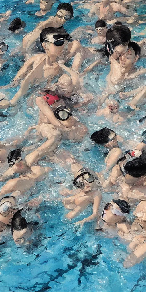 Image similar to oil painting scene from swimming pool by kim jung gi